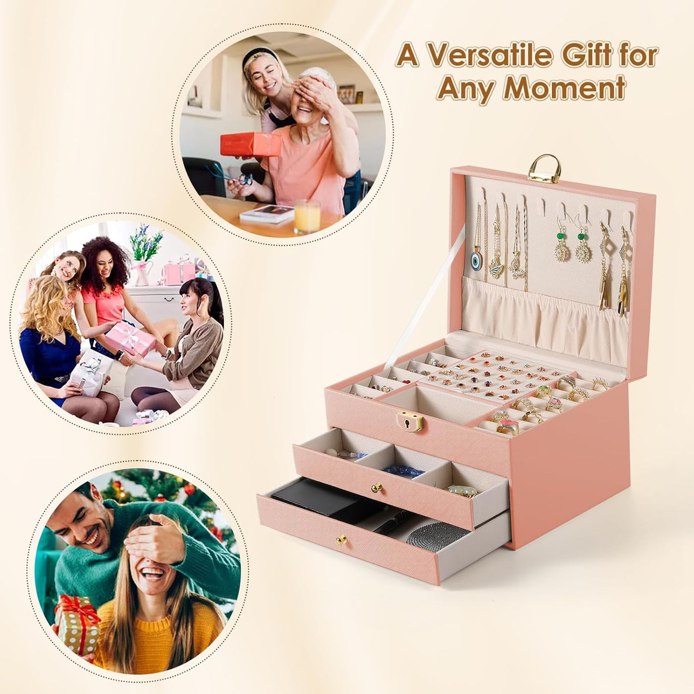 3 Layer Jewelry Box, Jewelry Holder with Lockable Drawer, Large Jewelry Boxes & Organizer with Velvet Earring