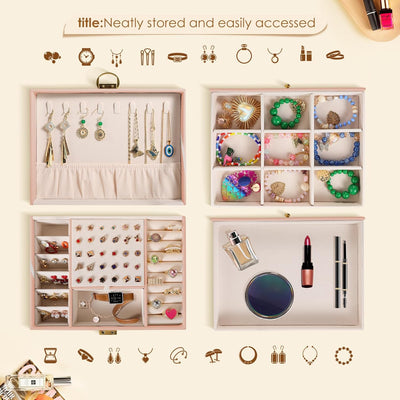 3 Layer Jewelry Box, Jewelry Holder with Lockable Drawer, Large Jewelry Boxes & Organizer with Velvet Earring