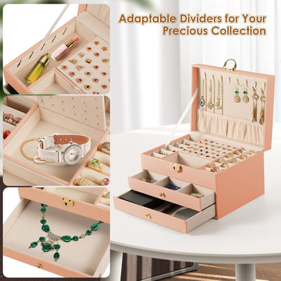 3 Layer Jewelry Box, Jewelry Holder with Lockable Drawer, Large Jewelry Boxes & Organizer with Velvet Earring