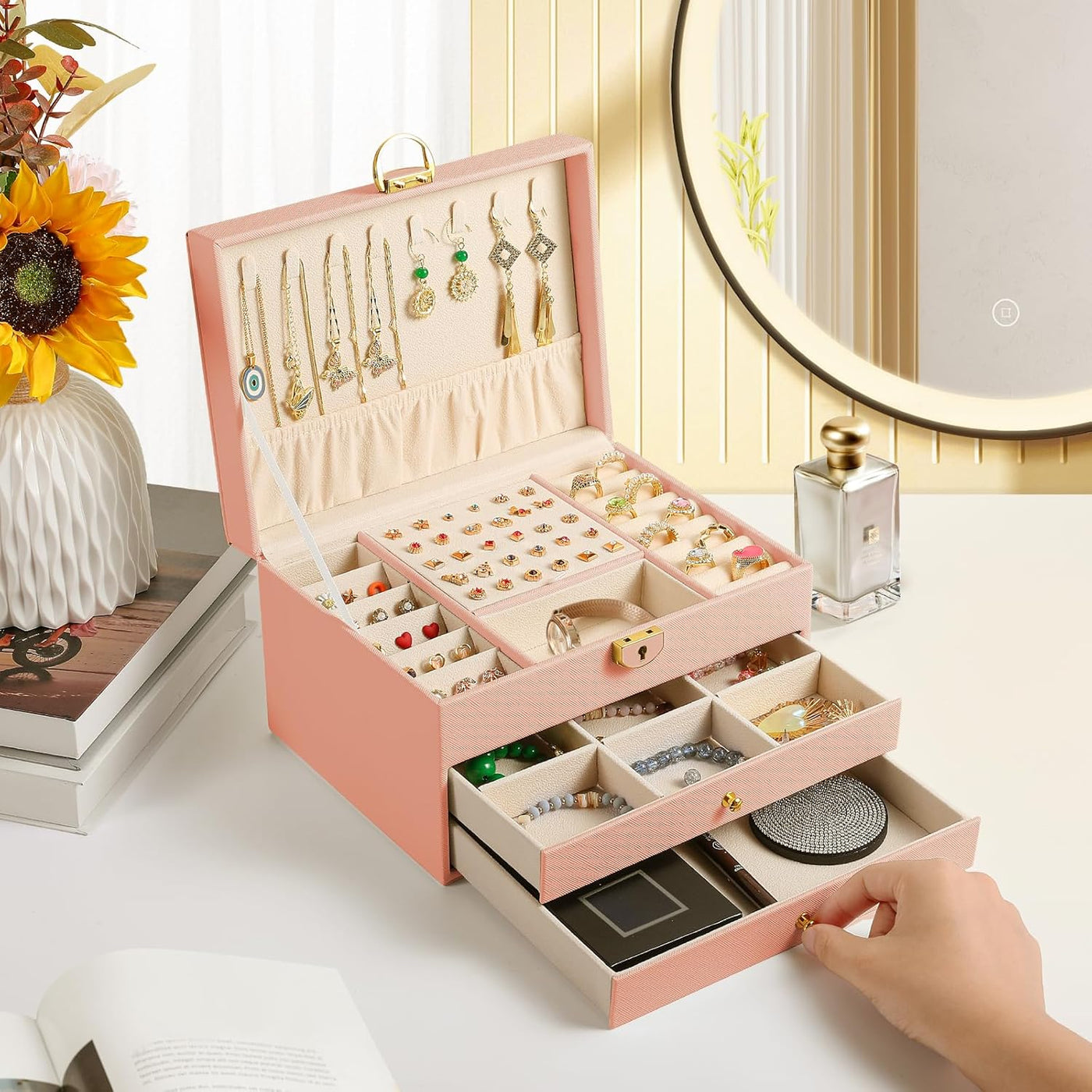 3 Layer Jewelry Box, Jewelry Holder with Lockable Drawer, Large Jewelry Boxes & Organizer with Velvet Earring