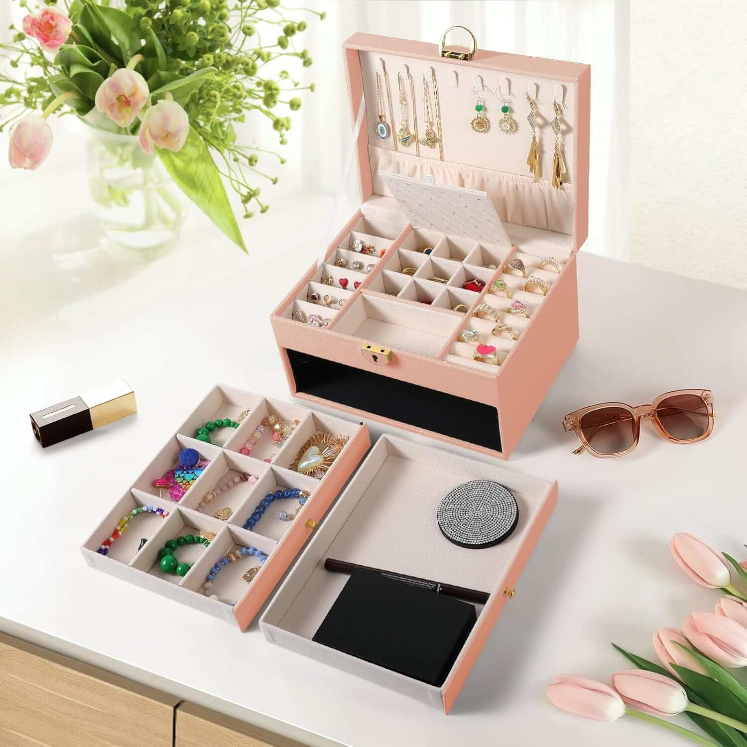 Main Bazaar 3-Layer Jewelry Box with Lockable Drawers – Elegant Organizer with Velvet Lining